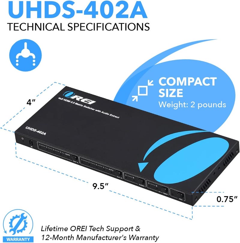 OREI 4K HDMI Matrix Switch 4 X 2, Switcher 18G UltraHD with Arc Supports Upto 4K @ 60Hz & 1080P IR Audio Extractor Arc EDID HDCP 2.- Remote Control - Full Matrix Selection - Image 5
